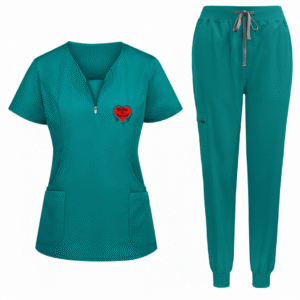 Zipper-Neck Top Cuffed Pant Scrub Set
